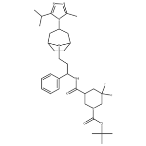 Tert-butyl 3,3-difluoro-5-[[3-[3-(3-methyl-5-propan-2-yl-1,2,4-triazol-4-yl)-8-azabicyclo[3.2.1]octan-8-yl]-1-phenylpropyl]carbamoyl]piperidine-1-carboxylate结构式