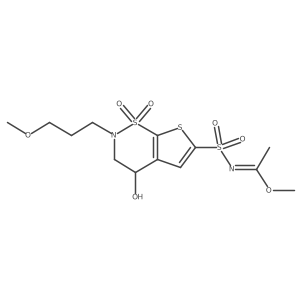 Methyl (E)-N-((4-hydroxy-2-(3-methoxypropyl)-1,1-dioxido-3,4-dihydro-2H-thieno[3,2-e][1,2]thiazin-6-yl)sulfonyl)acetimidate结构式