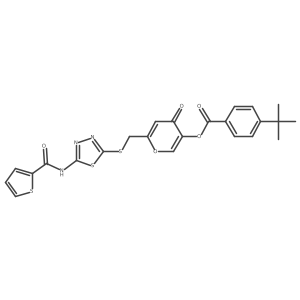 4-oxo-6-(((5-(thiophene-2-carboxamido)-1,3,4-thiadiazol-2-yl)thio)methyl)-4H-pyran-3-yl 4-(tert-butyl)benzoate Structure