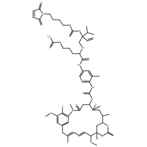 (11-chloro-21-hydroxy-12,20-dimethoxy-2,5,9,16-tetramethyl-8,23-dioxo-4,24-dioxa-9,22-diazatetracyclo[19.3.1.110,14.03,5]hexacosa-10,12,14(26),16,18-pentaen-6-yl) N-[4-[[5-(carbamoylamino)-2-[[2-[4-(2,5-dioxopyrrol-1-yl)butylcarbamothioylamino]-2-formyl-3-methylbutyl]amino]pentanoyl]amino]-2-methylphenyl]carbamate Structure
