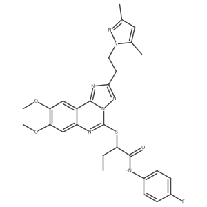 2-({2-[2-(3,5-dimethyl-1H-pyrazol-1-yl)ethyl]-8,9-dimethoxy-[1,2,4]triazolo[1,5-c]quinazolin-5-yl}sulfanyl)-N-(4-fluorophenyl)butanamide结构式