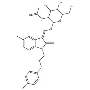 (E)-N-(4,5-dihydroxy-6-(hydroxymethyl)-2-(((5-methyl-2-oxo-1-(2-(p-tolyloxy)ethyl)indolin-3-ylidene)amino)oxy)tetrahydro-2H-pyran-3-yl)acetamide结构式