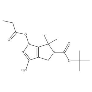 Pyrrolo[3,4-c]pyrazole-5(1H)-carboxylic acid, 3-amino-4,6-dihydro-6,6-dimethyl-1-(1-oxopropoxy)-, 1,1-dimethylethyl ester结构式