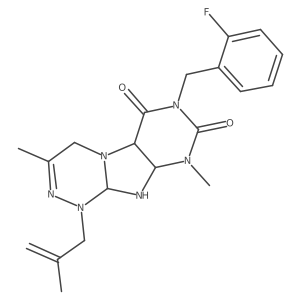 7-[(2-fluorophenyl)methyl]-3,9-dimethyl-1-(2-methylprop-2-enyl)-5a,9a,10,10a-tetrahydro-4H-purino[8,7-c][1,2,4]triazine-6,8-dione结构式