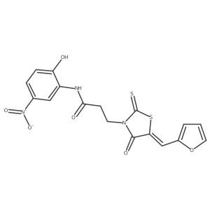 (E)-3-(5-(furan-2-ylmethylene)-4-oxo-2-thioxothiazolidin-3-yl)-N-(2-hydroxy-5-nitrophenyl)propanamide结构式