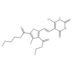 4-ethyl 2-(2-methoxyethyl) 5-(((4,6-dioxo-2-thioxotetrahydropyrimidin-5(2H)-ylidene)methyl)amino)-3-methylthiophene-2,4-dicarboxylate结构式