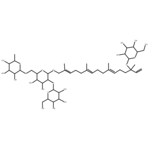 I(2)-D-Glucopyranoside, (2Z,6E,10E,14S)-14-(I(2)-D-glucopyranosyloxy)-2,6,10,14-tetramethyl-2,6,10,15-hexadecatetraenyl O-6-deoxy-I+/--L-mannopyranosyl-(1a6)-O-[I(2)-D-glucopyranosyl-(1a2)]-结构式