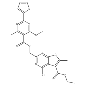 CCOC(=O)c1c(C)oc2nc(COC(=O)c3c(C)nc(-c4ccco4)nc3SC)nc(N)c12结构式