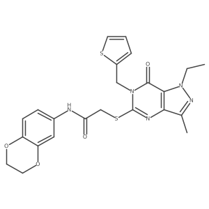 N-(2,3-dihydrobenzo[b][1,4]dioxin-6-yl)-2-((1-ethyl-3-methyl-7-oxo-6-(thiophen-2-ylmethyl)-6,7-dihydro-1H-pyrazolo[4,3-d]pyrimidin-5-yl)thio)acetamide结构式