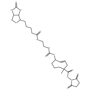 2,5-Dioxopyrrolidin-1-yl (E)-1-methyl-5-(((2-(5-((3aS,4S,6aR)-2-oxohexahydro-1H-thieno[3,4-d]imidazol-4-yl)pentanamido)ethyl)carbamoyl)oxy)cyclooct-3-ene-1-carboxylate结构式