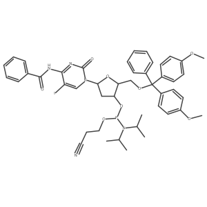 N-[1-[(2R,4S,5R)-5-[[bis(4-methoxyphenyl)-phenylmethoxy]methyl]-4-[2-cyanoethoxy-[di(propan-2-yl)amino]phosphanyl]oxyoxolan-2-yl]-5-iodo-2-oxopyrimidin-4-yl]benzamide结构式