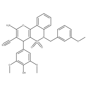 2-Amino-4-(4-hydroxy-3,5-dimethoxyphenyl)-6-(3-methoxybenzyl)-4,6-dihydropyrano[3,2-c][2,1]benzothiazine-3-carbonitrile 5,5-dioxide结构式