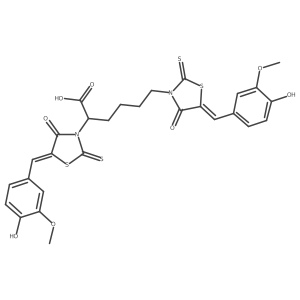2,6-bis[(5E)-5-[(4-hydroxy-3-methoxyphenyl)methylidene]-4-oxo-2-sulfanylidene-1,3-thiazolidin-3-yl]hexanoic acid Structure