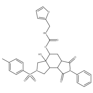 Carbamic acid, N-(2-furanylmethyl)-, (3aR,4R,5aR,8aS,8bS)-dodecahydro-3a-hydroxy-2-[(4-methylphenyl)sulfonyl]-6,8-dioxo-7-phenylbenzo[1,2-c:3,4-ca(2)]dipyrrol-4-yl ester, rel-结构式