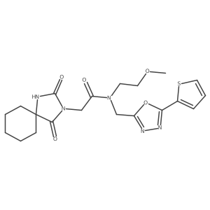 2-(2,4-dioxo-1,3-diazaspiro[4.5]decan-3-yl)-N-(2-methoxyethyl)-N-[(5-thiophen-2-yl-1,3,4-oxadiazol-2-yl)methyl]acetamide结构式