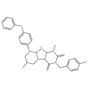 3-[(4-fluorophenyl)methyl]-1,7-dimethyl-9-(4-phenoxyphenyl)-6,7,8,9a,10,10a-hexahydro-4aH-purino[7,8-a]pyrimidine-2,4-dione结构式