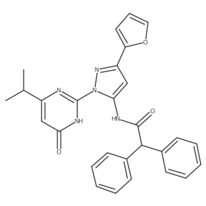 N-(3-(furan-2-yl)-1-(4-isopropyl-6-oxo-1,6-dihydropyrimidin-2-yl)-1H-pyrazol-5-yl)-2,2-diphenylacetamide结构式