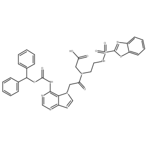 2-(2-(6-(((Benzhydryloxy)carbonyl)amino)-7H-purin-7-yl)-N-(2-(benzo[d]thiazole-2-sulfonamido)ethyl)acetamido)acetic acid结构式