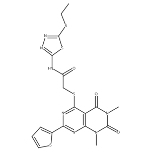 2-[1,3-dimethyl-2,4-dioxo-7-(2-thienyl)pyrimido[4,5-d]pyrimidin-5-yl]sulfanyl-N-(5-ethylsulfanyl-1,3,4-thiadiazol-2-yl)acetamide结构式