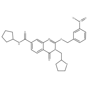 N-cyclopentyl-2-((3-nitrobenzyl)thio)-4-oxo-3-((tetrahydrofuran-2-yl)methyl)-3,4-dihydroquinazoline-7-carboxamide结构式