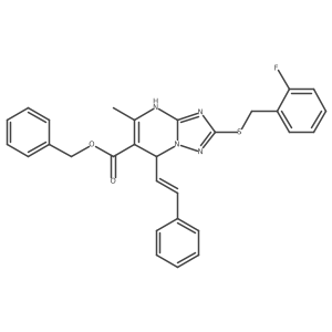 Phenylmethyl 2-[[(2-fluorophenyl)methyl]thio]-1,7-dihydro-5-methyl-7-(2-phenylethenyl)[1,2,4]triazolo[1,5-a]pyrimidine-6-carboxylate结构式