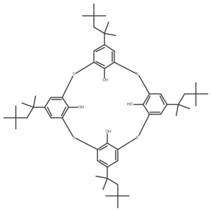 15,35,55,75-Tetrakis(2,4,4-trimethylpentan-2-yl)-2,4,6,8-tetrathia-1,3,5,7(1,3)-tetrabenzenacyclooctaphane-12,32,52,72-tetraol结构式
