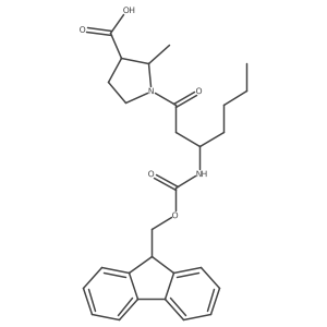 1-[(3R)-3-({[(9H-fluoren-9-yl)methoxy]carbonyl}amino)heptanoyl]-2-methylpyrrolidine-3-carboxylic acid结构式