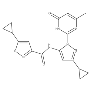 5-cyclopropyl-N-(3-cyclopropyl-1-(4-methyl-6-oxo-1,6-dihydropyrimidin-2-yl)-1H-pyrazol-5-yl)isoxazole-3-carboxamide结构式