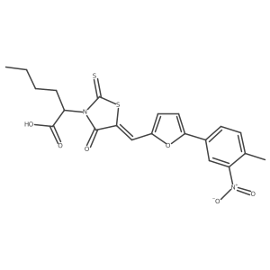 (Z)-2-(5-((5-(4-methyl-3-nitrophenyl)furan-2-yl)methylene)-4-oxo-2-thioxothiazolidin-3-yl)hexanoic acid Structure