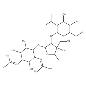 D-Streptamine, O-2-deoxy-2-(dimethylamino)-I+/--L-glucopyranosyl-(1a2)-O-5-deoxy-3-C-(hydroxymethyl)-I+/--L-lyxofuranosyl-(1a4)-N,Na(2)-bis(aminoiminomethyl)-结构式