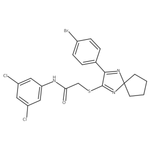 2-{[3-(4-bromophenyl)-1,4-diazaspiro[4.4]nona-1,3-dien-2-yl]sulfanyl}-N-(3,5-dichlorophenyl)acetamide结构式