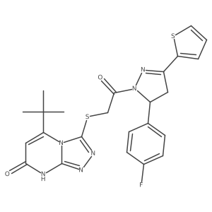 5-(tert-butyl)-3-((2-(5-(4-fluorophenyl)-3-(thiophen-2-yl)-4,5-dihydro-1H-pyrazol-1-yl)-2-oxoethyl)thio)-[1,2,4]triazolo[4,3-a]pyrimidin-7(8H)-one结构式