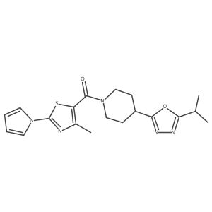 [4-(5-isopropyl-1,3,4-oxadiazol-2-yl)-1-piperidyl]-(4-methyl-2-pyrrol-1-yl-thiazol-5-yl)methanone结构式