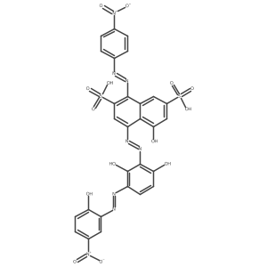 4-[(1E)-2-[2,6-Dihydroxy-3-[(1E)-2-(2-hydroxy-5-nitrophenyl)diazenyl]phenyl]diazenyl]-5-hydroxy-1-[(1E)-2-(4-nitrophenyl)diazenyl]-2,7-naphthalenedisulfonic acid结构式