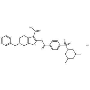 6-Benzyl-2-(4-((3,5-dimethylpiperidin-1-yl)sulfonyl)benzamido)-4,5,6,7-tetrahydrothieno[2,3-c]pyridine-3-carboxamide hydrochloride结构式