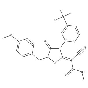 (E)-2-cyano-2-(5-(4-methoxybenzyl)-4-oxo-3-(3-(trifluoromethyl)phenyl)thiazolidin-2-ylidene)-N-methylacetamide结构式
