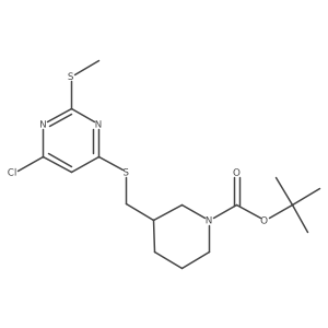 3-(6-Chloro-2-methylsulfanyl-pyrimidin-4-ylsulfanylmethyl)-piperidine-1-carboxylic acid tert-butyl ester结构式