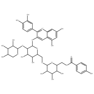 2-(3,4-Dihydroxyphenyl)-5,7-dihydroxy-3-[[O-6-O-(4-hydroxybenzoyl)-I(2)-D-glucopyranosyl-(1a6)-O-[I(2)-D-xylopyranosyl-(1a2)]-I(2)-D-galactopyranosyl]oxy]-1-benzopyrylium Structure