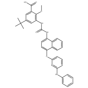 3-(3-(1-(2-(Phenylamino)pyrimidin-4-yloxy)naphthalen-4-yl)ureido)-5-tert-butyl-2-methoxybenzoic acid结构式
