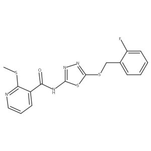 N-(5-{[(2-fluorophenyl)methyl]sulfanyl}-1,3,4-thiadiazol-2-yl)-2-(methylsulfanyl)pyridine-3-carboxamide结构式