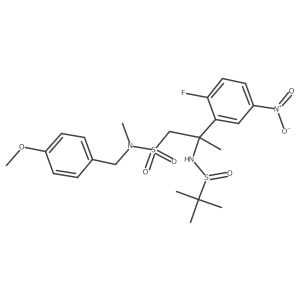 (R)-2-(((R)-tert-Butylsulfinyl)amino)-2-(2-fluoro-5-nitrophenyl)-N-(4-methoxybenzyl)-N-methylpropane-1-sulfonamide Structure