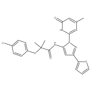 2-(4-chlorophenoxy)-2-methyl-N-[1-(4-methyl-6-oxo-1,6-dihydropyrimidin-2-yl)-3-(thiophen-2-yl)-1H-pyrazol-5-yl]propanamide Structure