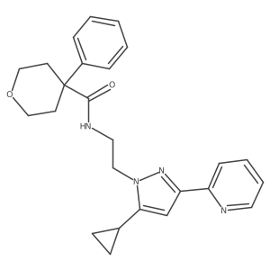 N-(2-(5-cyclopropyl-3-(pyridin-2-yl)-1H-pyrazol-1-yl)ethyl)-4-phenyltetrahydro-2H-pyran-4-carboxamide结构式