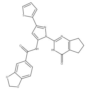 N-(1-(4-oxo-4,5,6,7-tetrahydro-3H-cyclopenta[d]pyrimidin-2-yl)-3-(thiophen-2-yl)-1H-pyrazol-5-yl)benzo[d][1,3]dioxole-5-carboxamide Structure