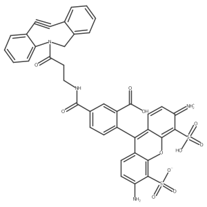 Nc1ccc2c(-c3ccc(C(=O)NCCC(=O)N4Cc5ccccc5C#Cc5ccccc54)cc3C(=O)O)c3ccc(=[NH2+])c(S(=O)(=O)O)c-3oc2c1S(=O)(=O)[O-]结构式