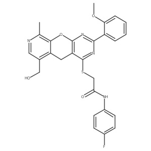 N-(4-fluorophenyl)-2-((6-(hydroxymethyl)-2-(2-methoxyphenyl)-9-methyl-5H-pyrido[4',3':5,6]pyrano[2,3-d]pyrimidin-4-yl)thio)acetamide Structure