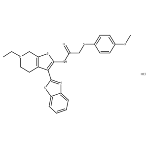 N-(3-(benzo[d]thiazol-2-yl)-6-ethyl-4,5,6,7-tetrahydrothieno[2,3-c]pyridin-2-yl)-2-((4-methoxyphenyl)thio)acetamide hydrochloride结构式