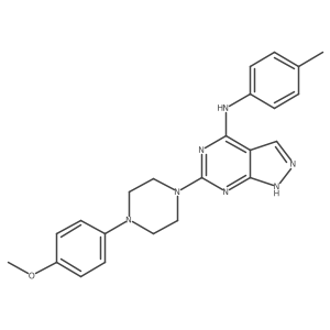 COc1ccc(N2CCN(c3nc(Nc4ccc(C)cc4)c4cn[nH]c4n3)CC2)cc1结构式
