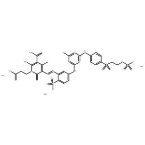 Trisodium 3-(3-carbamoyl-5-((5-((4-chloro-6-(4-((2-(sulfonatooxy)ethyl)sulfonyl)anilino)-1,3,5-triazin-2-yl)amino)-2-sulfonatophenyl)diazenyl)-6-hydroxy-4-methyl-2-oxopyridin-1(2H)-yl)propanoate Structure