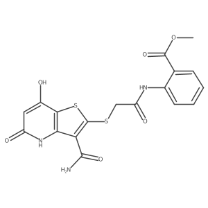 Methyl 2-({[(3-carbamoyl-5,7-dihydroxythieno[3,2-b]pyridin-2-yl)sulfanyl]acetyl}amino)benzoate结构式